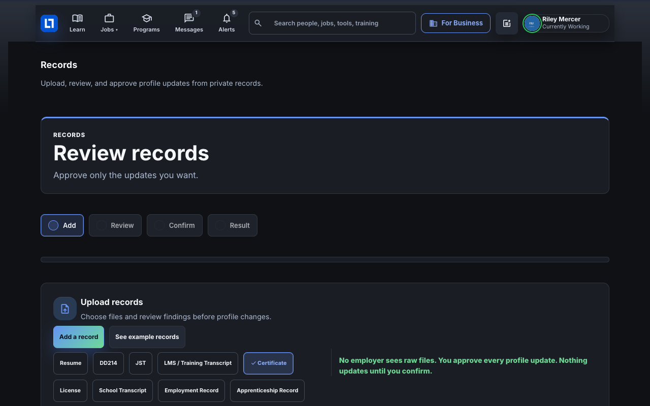 The Records page with the Add a record button.