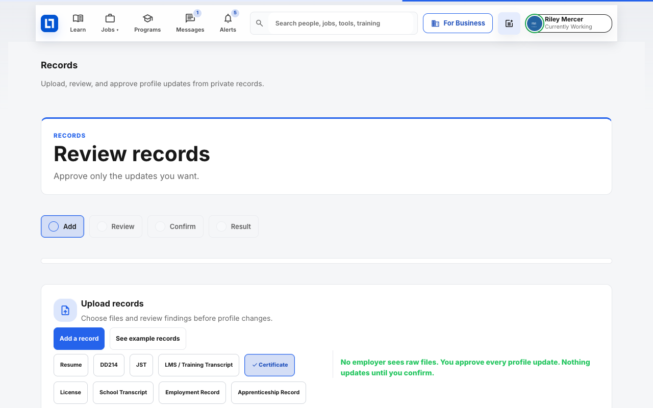 The Records page with the Add a record button.