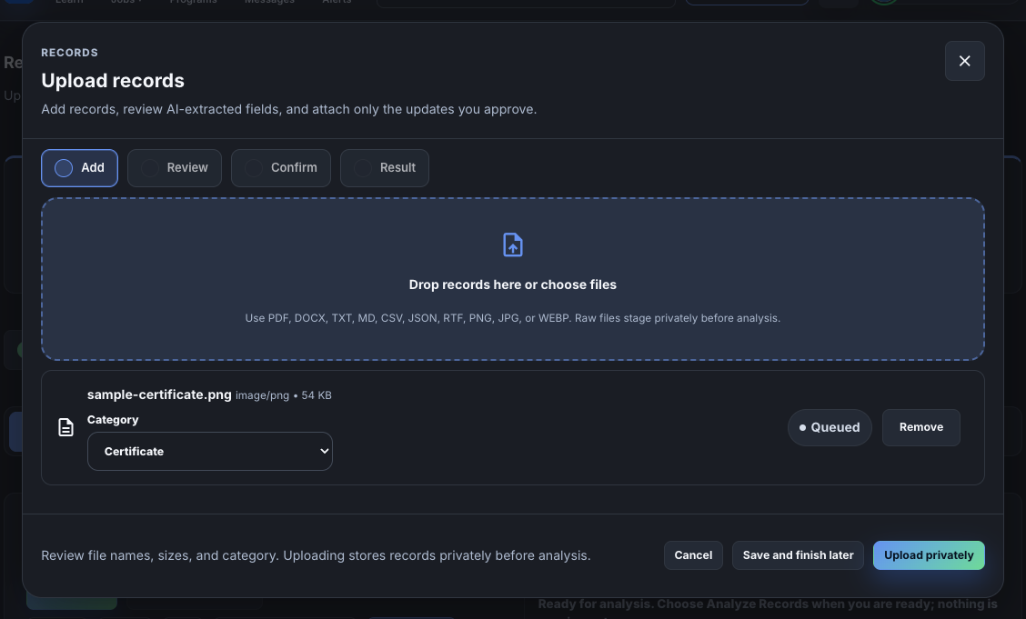 The upload window with a sample certificate chosen and its Category shown.