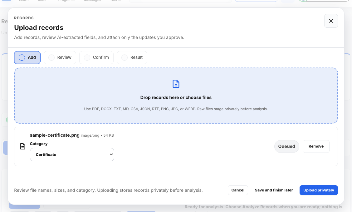 The upload window with a sample certificate chosen and its Category shown.