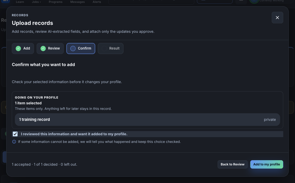 The Confirm step with the review box ticked and the Add to my profile button.