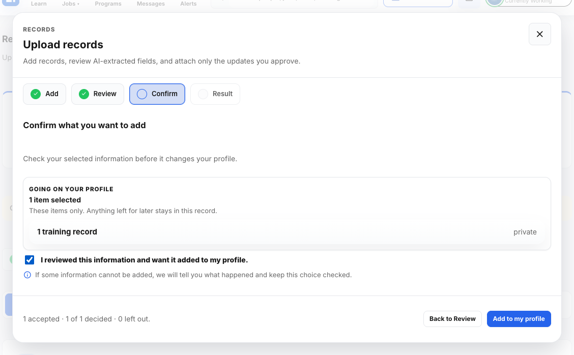 The Confirm step with the review box ticked and the Add to my profile button.