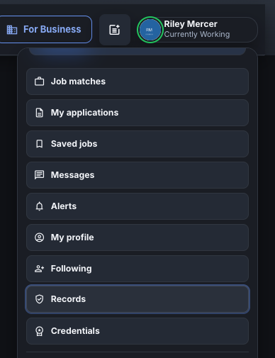 The account menu open with Records highlighted.