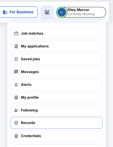 The account menu open with Records highlighted.