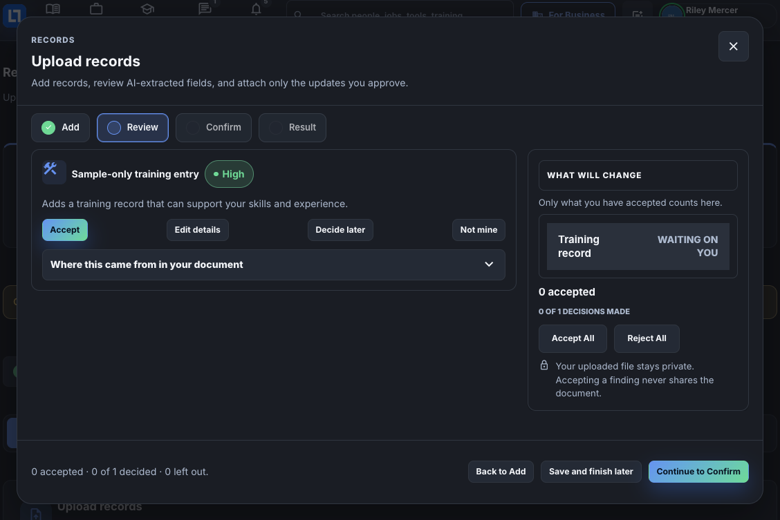A finding from the sample certificate with Accept, Edit details, Decide later and Not mine.