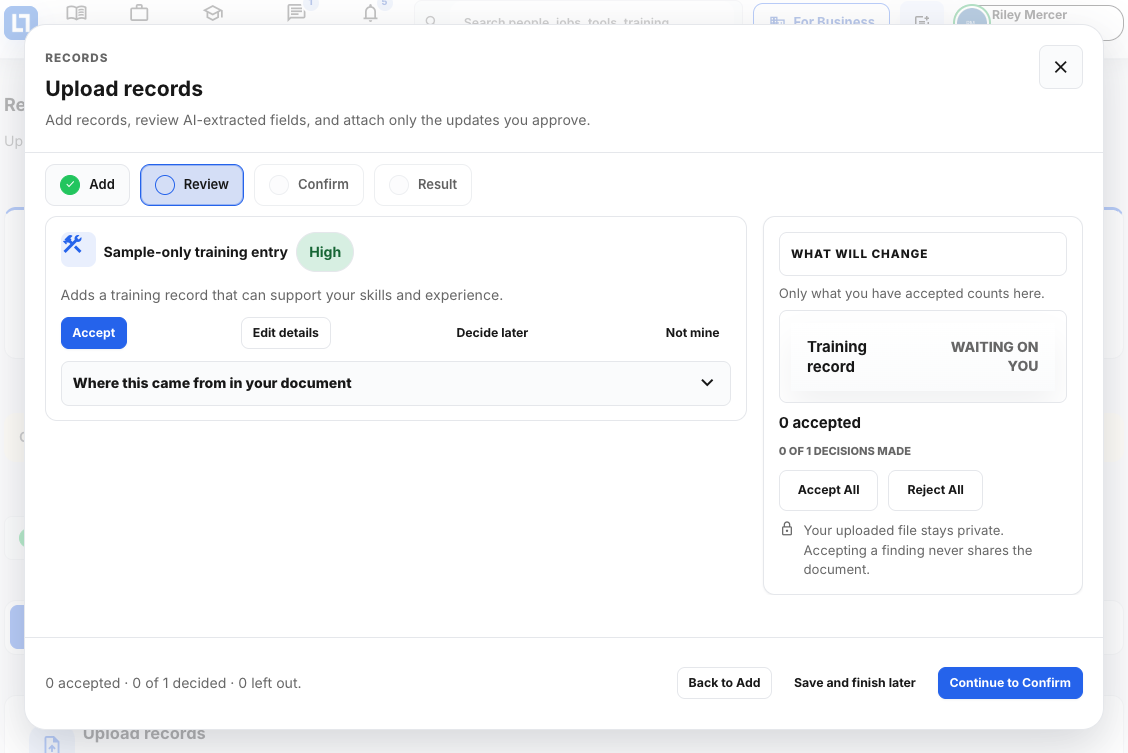 A finding from the sample certificate with Accept, Edit details, Decide later and Not mine.