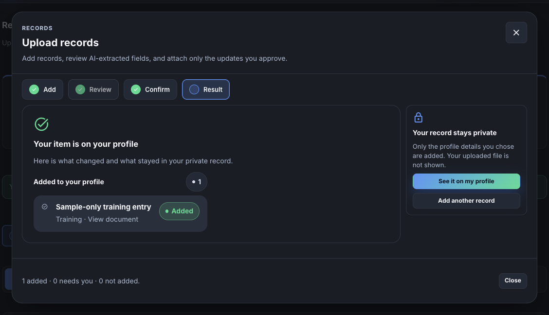 The result showing the item on the profile and the See it on my profile button.