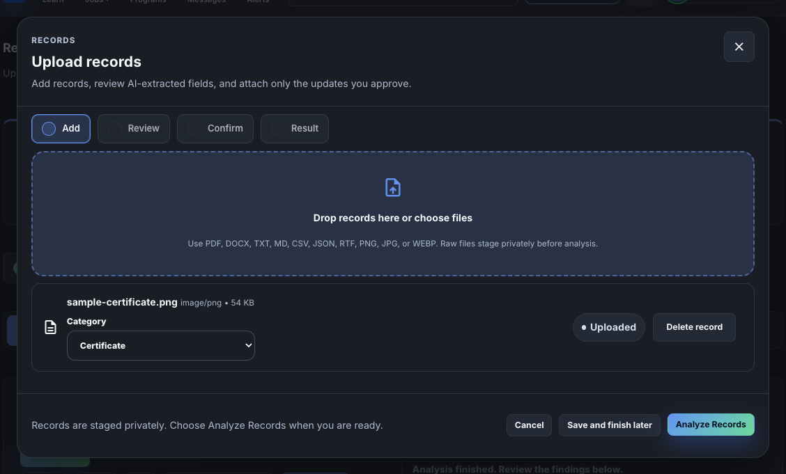 The upload window with the Analyze Records button after a private upload.