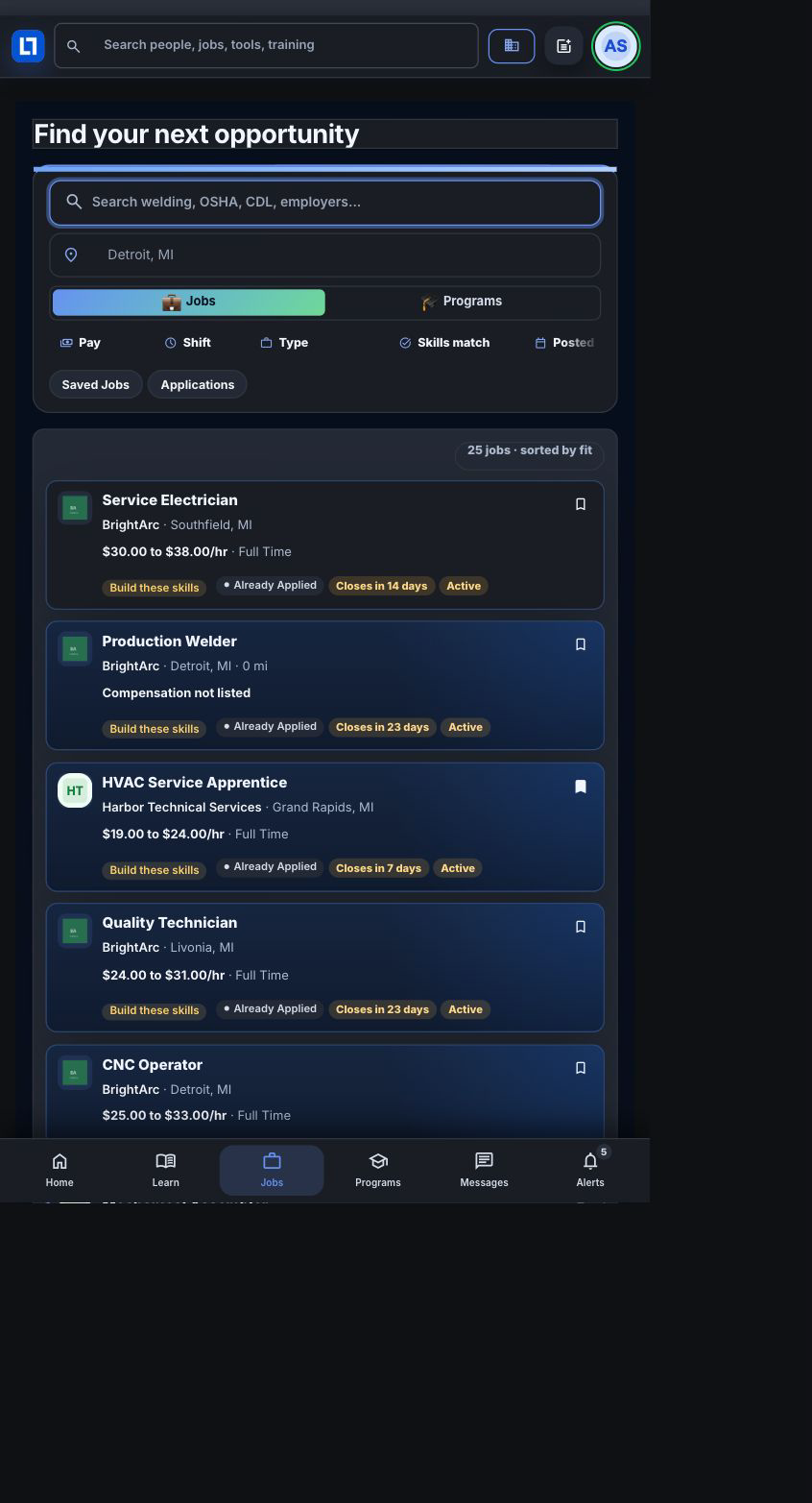 The worker Jobs board with search and current results.