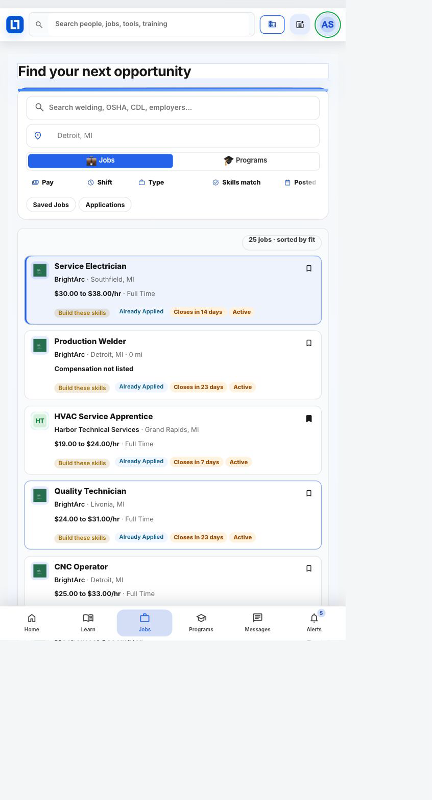 The worker Jobs board with search and current results.