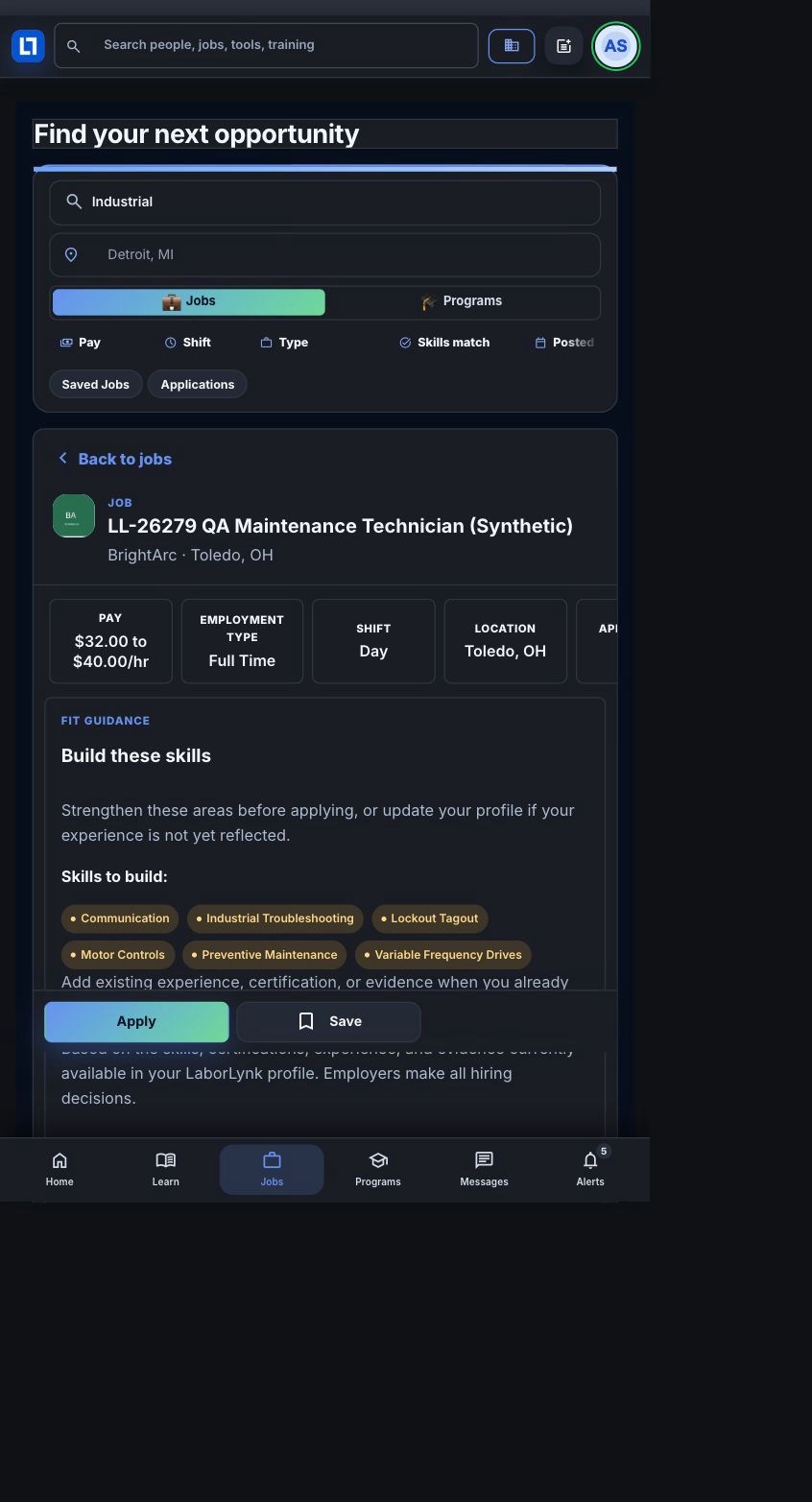 Selected synthetic maintenance job with requirements and available actions.