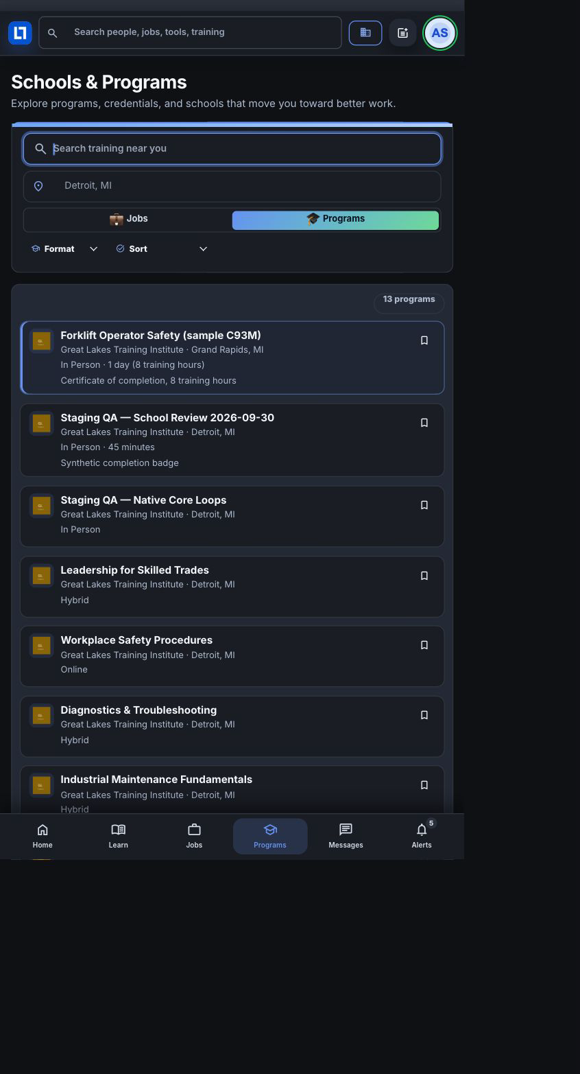 Programs browsing with current offerings and provider names.