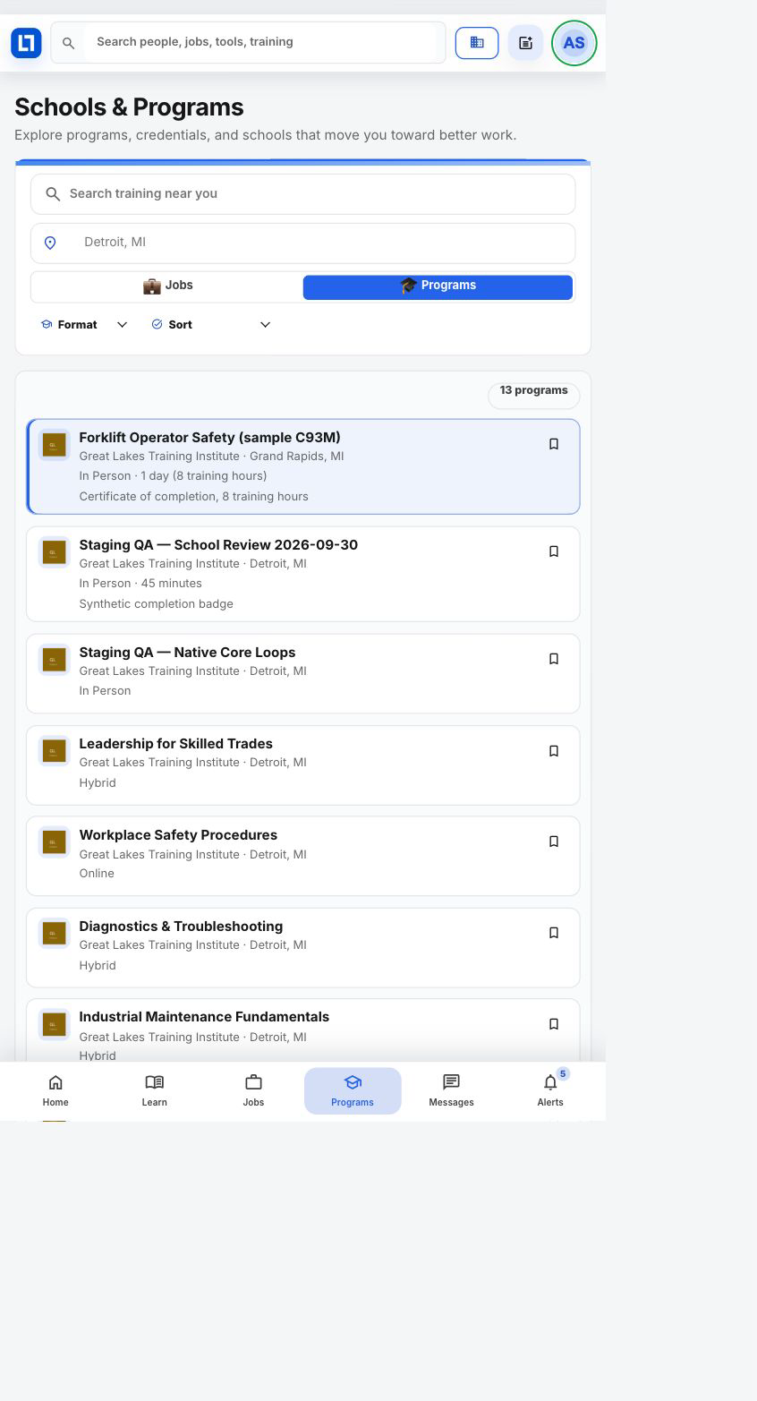 Programs browsing with current offerings and provider names.