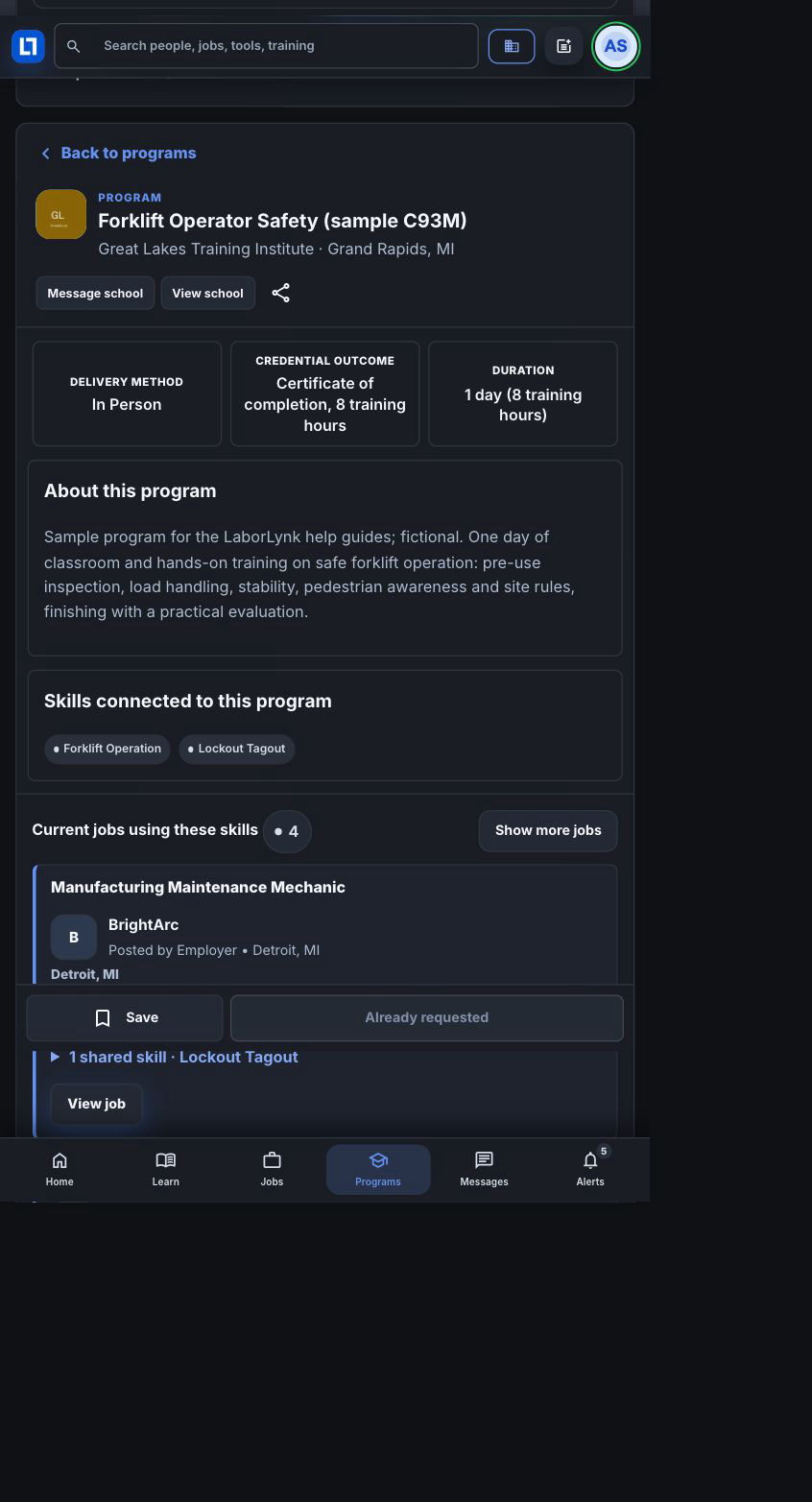 The selected fictional forklift program showing delivery and connected skills.