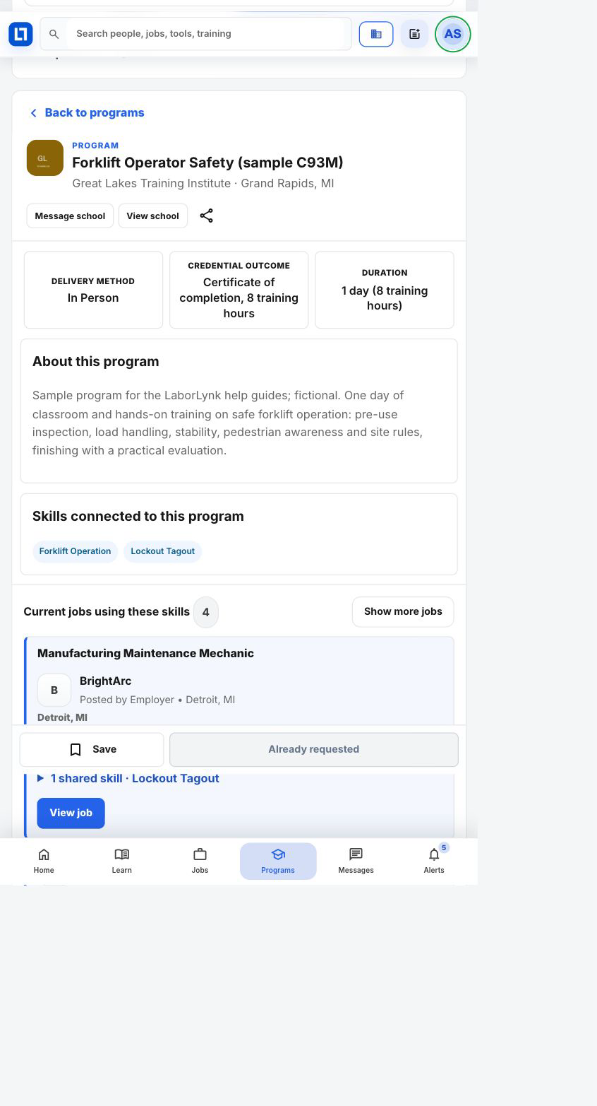 The selected fictional forklift program showing delivery and connected skills.