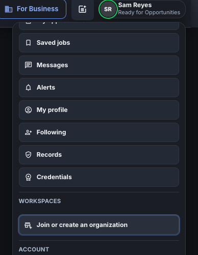 The account menu with Join or create an organization highlighted.