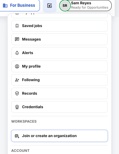 The account menu with Join or create an organization highlighted.