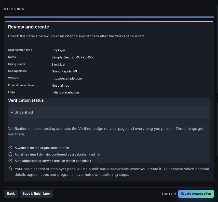 The Review and create step with the summary and verification status.