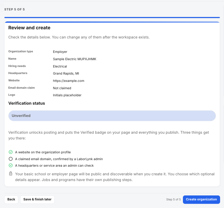 The Review and create step with the summary and verification status.