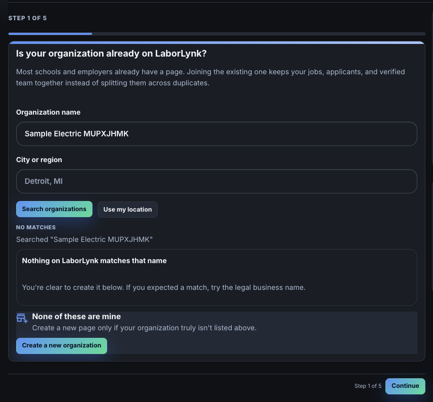 The search step with no matching organizations and the Create a new organization button.