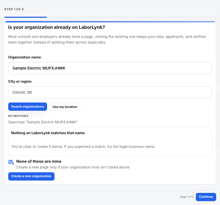 The search step with no matching organizations and the Create a new organization button.