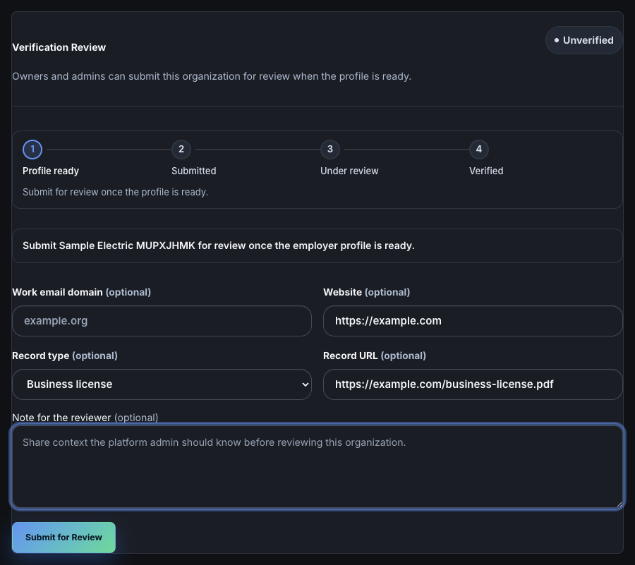 The Verification Review form filled in with the Submit for Review button.