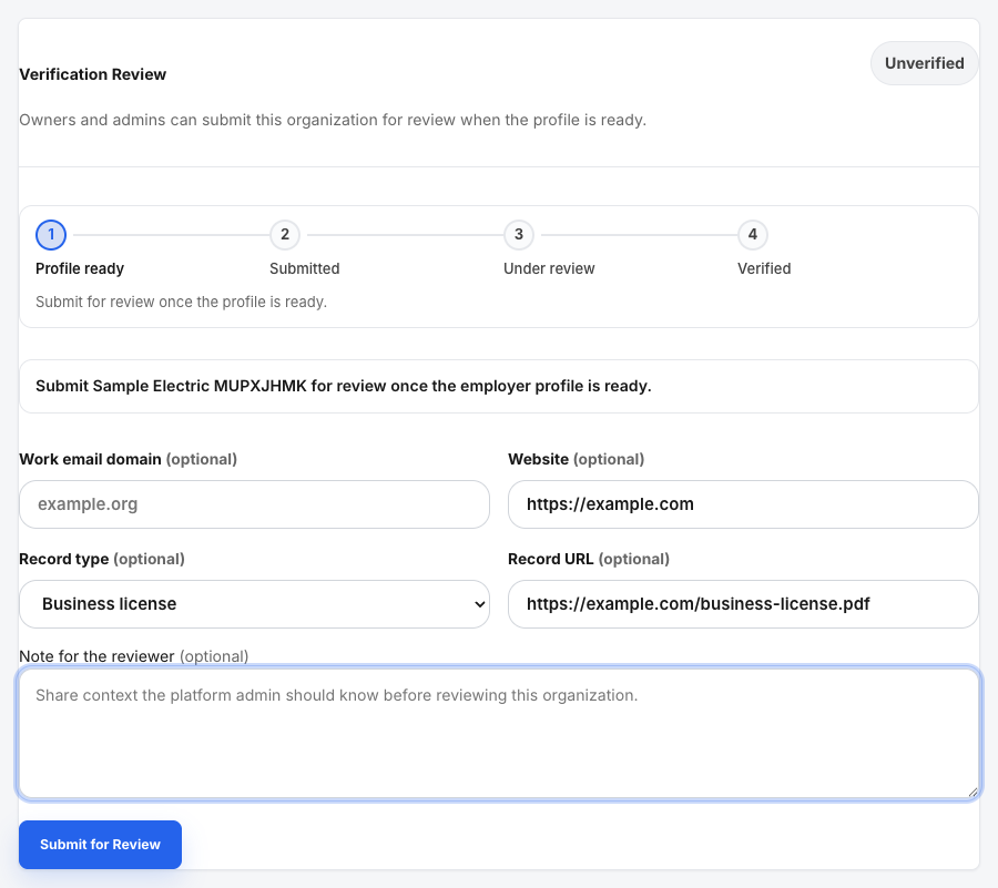 The Verification Review form filled in with the Submit for Review button.