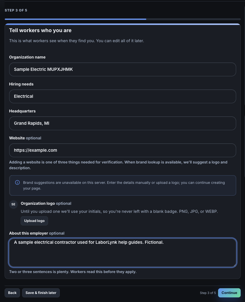 The Tell workers who you are step with the organization details filled in.