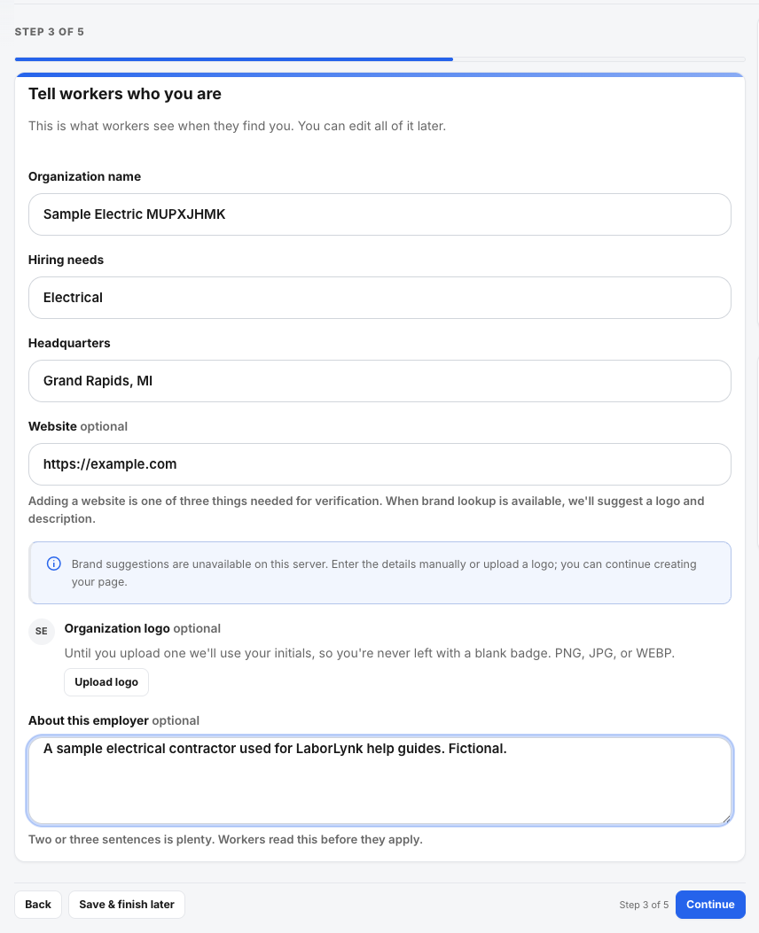 The Tell workers who you are step with the organization details filled in.