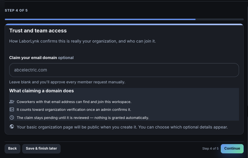 The Trust and team access step with the email domain field.