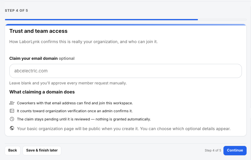 The Trust and team access step with the email domain field.