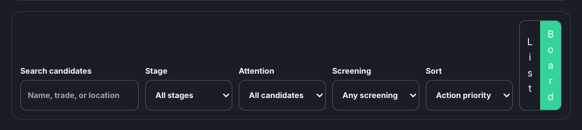 The filter row with Needs attention, stage and sort controls.