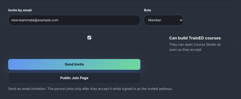 The Can build TrainED courses checkbox under the invite form.