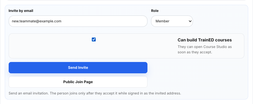 The Can build TrainED courses checkbox under the invite form.