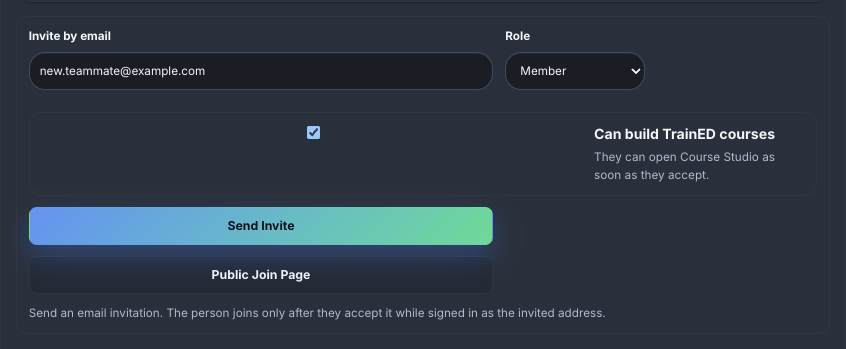 Send Invite, and the new row under Pending Invitations.