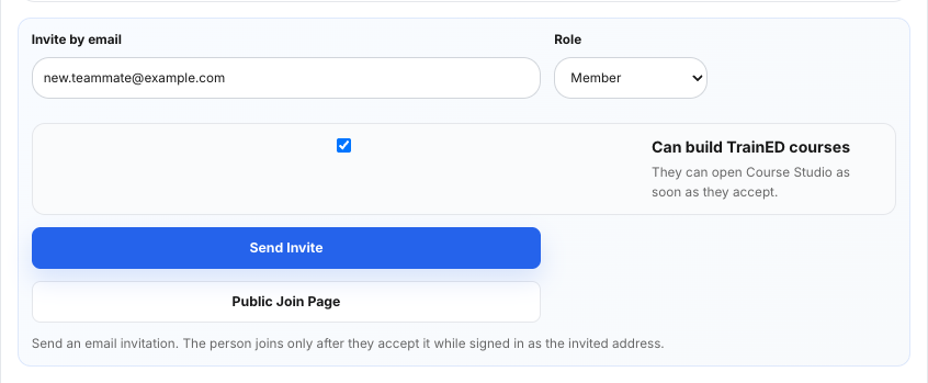 Send Invite, and the new row under Pending Invitations.