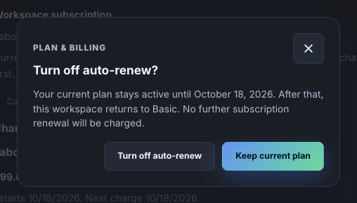 The Turn off auto-renew confirmation naming the date the plan ends.