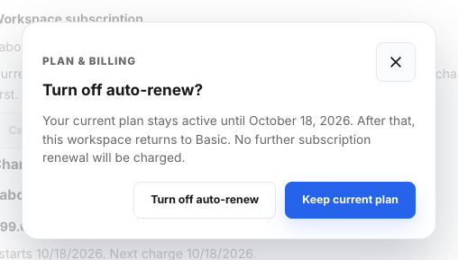 The Turn off auto-renew confirmation naming the date the plan ends.
