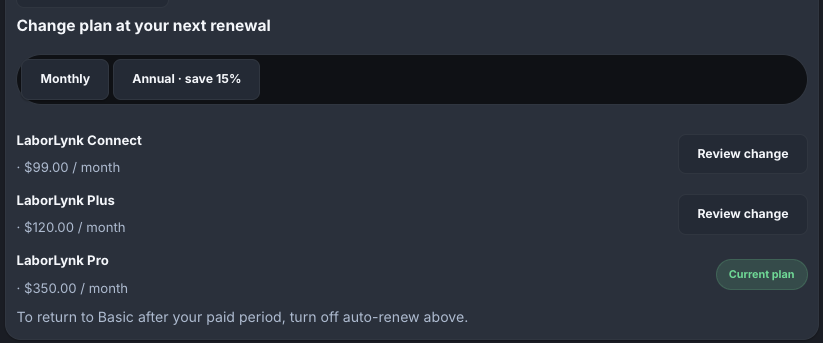 The plan rows with Monthly and Annual and a Review change button on each.