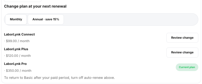 The plan rows with Monthly and Annual and a Review change button on each.