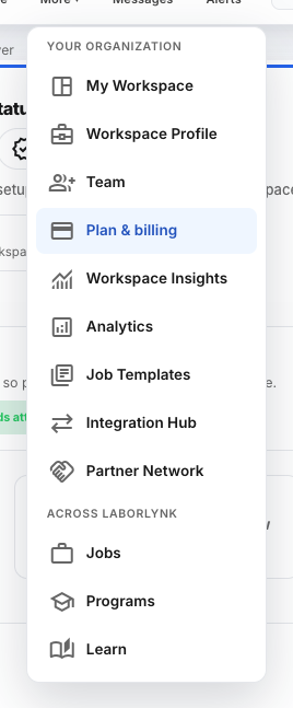 The More menu with Plan & billing under Your organization.