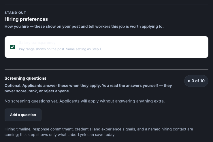 Step 4, Hiring preferences, with the pay transparency setting.
