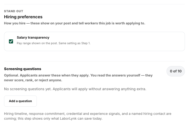 Step 4, Hiring preferences, with the pay transparency setting.