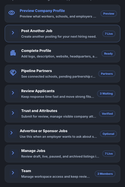 Hiring Actions on Workspace Home with Post Another Job highlighted.