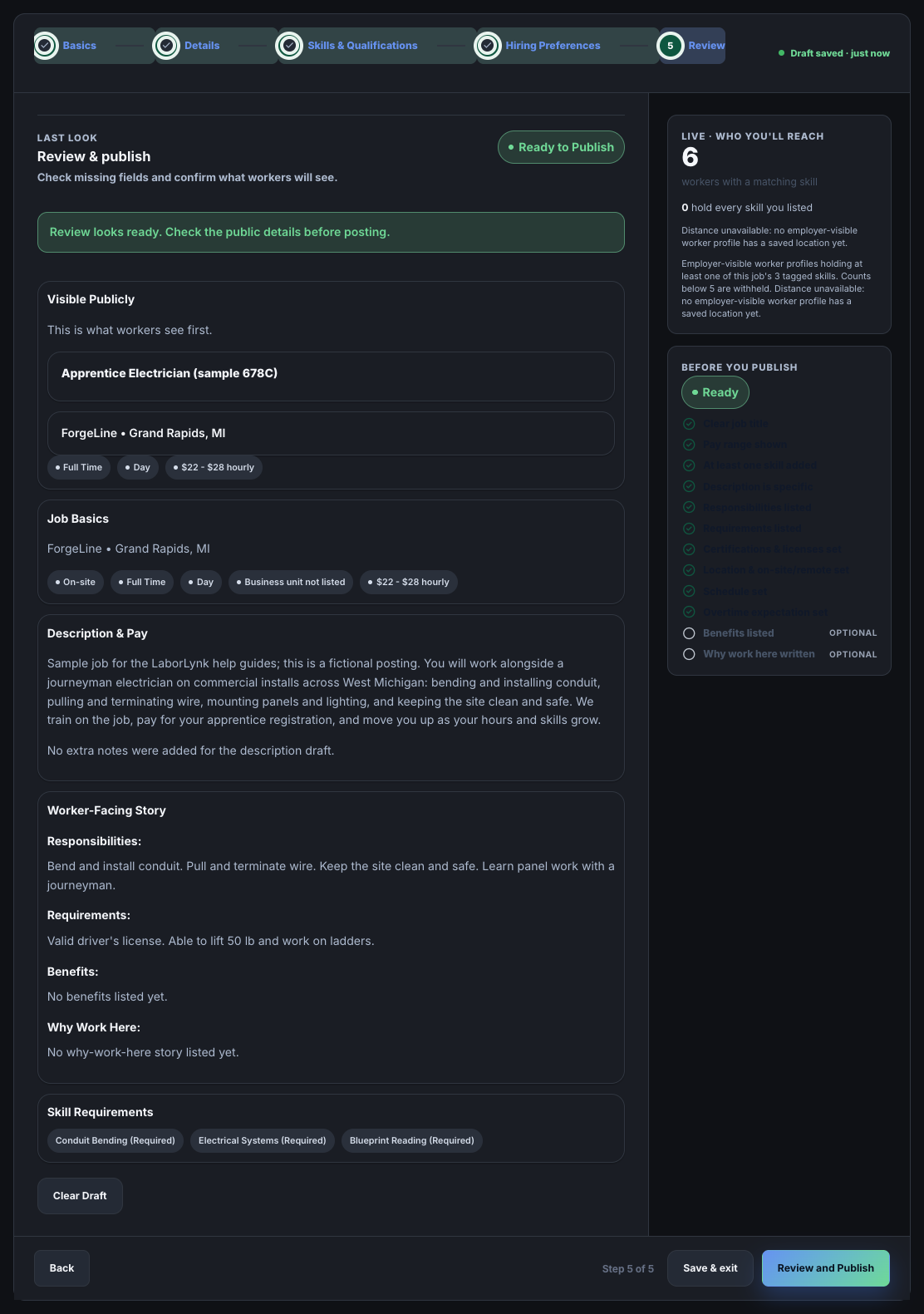 Step 5, Review and publish, with the Review and Publish button.