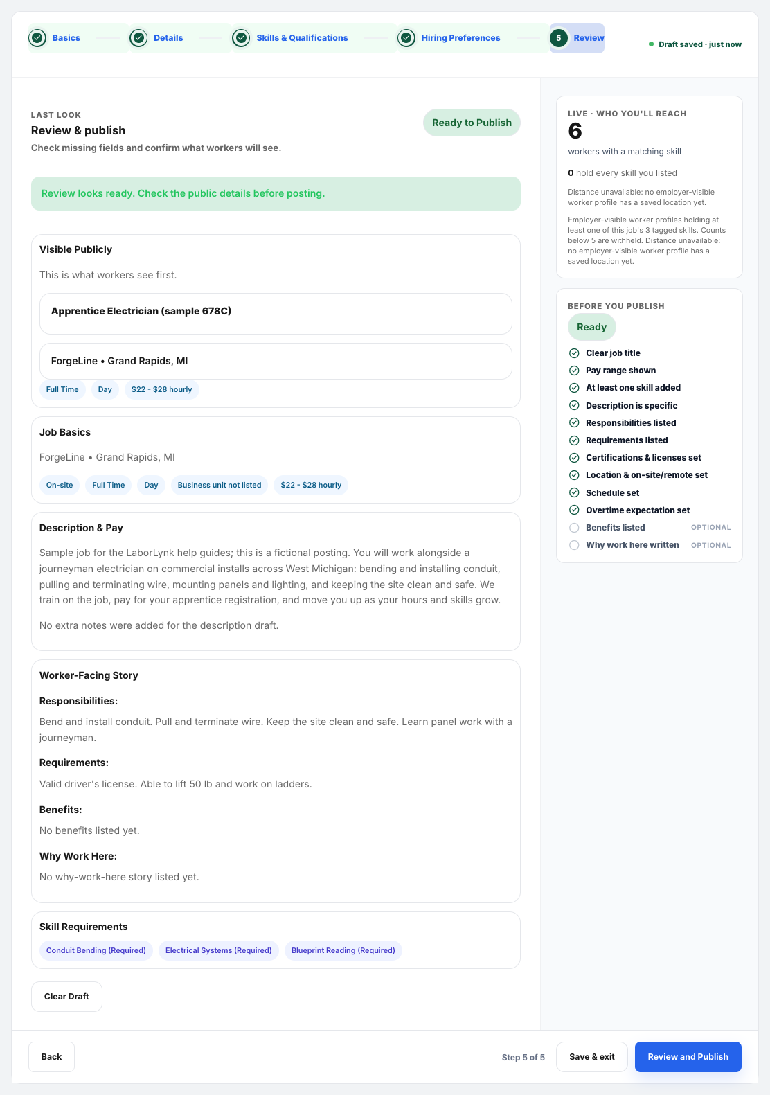 Step 5, Review and publish, with the Review and Publish button.