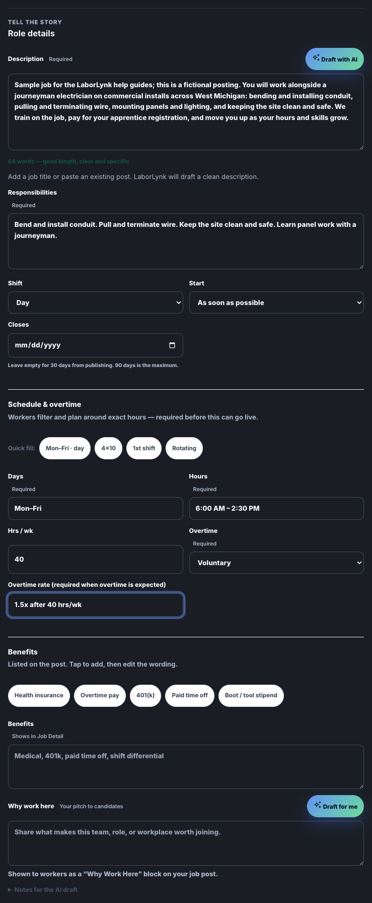 Step 2, Role details, with the description, responsibilities and schedule filled in.