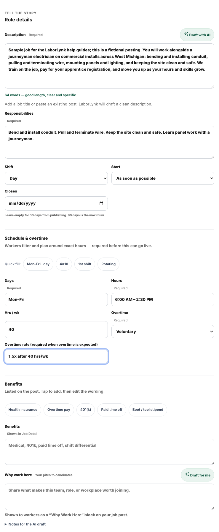 Step 2, Role details, with the description, responsibilities and schedule filled in.