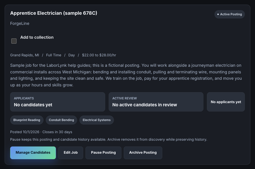 Manage Jobs showing the new job as an active posting.