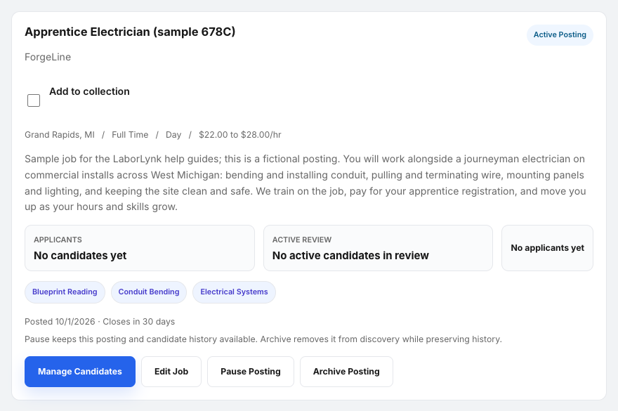Manage Jobs showing the new job as an active posting.